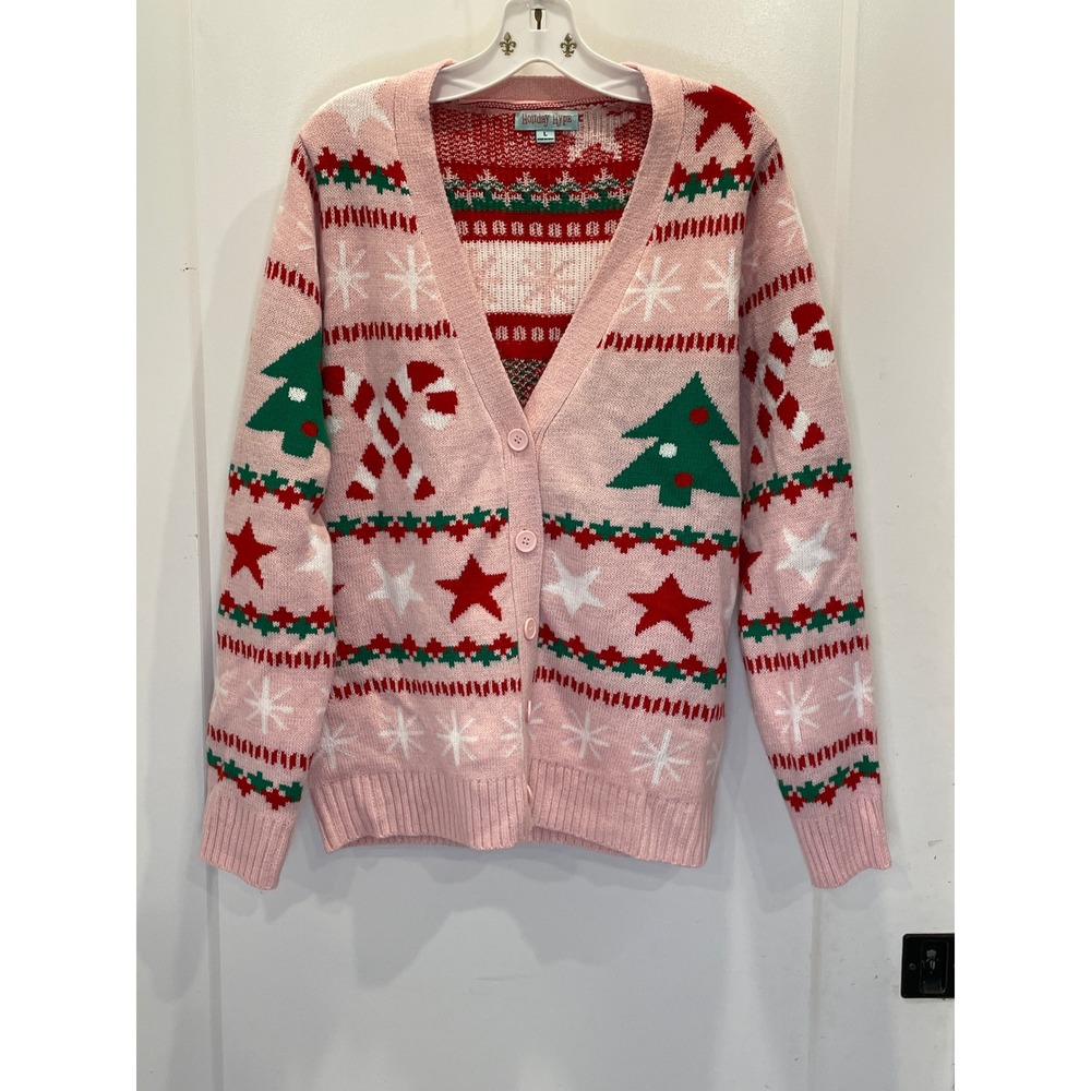 Christmas Holiday Pink Sweater Cardigan Party Whimsical Festive Coquette Large